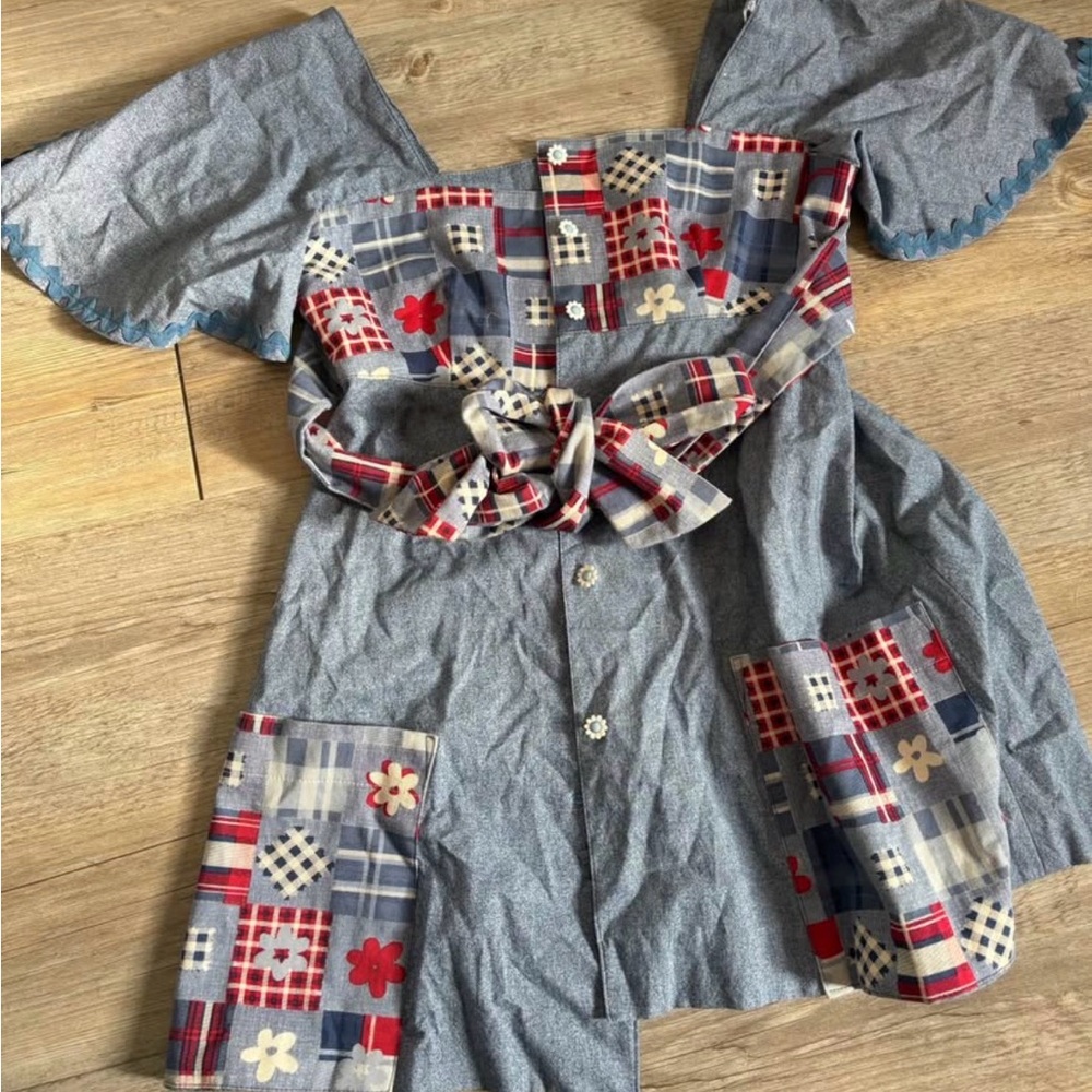 Vintage (70s) Blue Floral Plaid Ruffle Set with Waist Tie